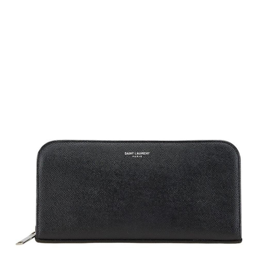 Saint Laurent Leather Logo Round Zipper Long Wallet Black
